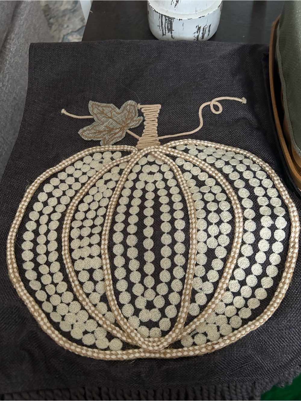 Kirklands Black Pillow Cover with Cream Embroidered Pumpkin